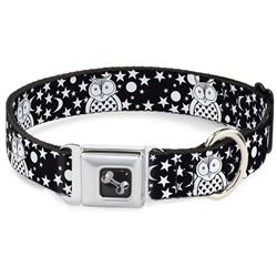 Dog Bone Black/Silver Seatbelt Buckle Collar - Owls Black/White3