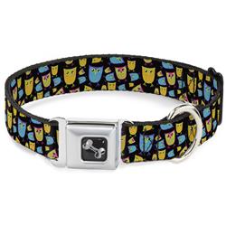 Dog Bone Black/Silver Seatbelt Buckle Collar - Owls w/Outline Black/Multi Neon