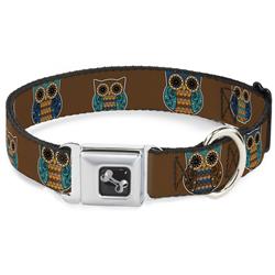 Dog Bone Black/Silver Seatbelt Buckle Collar - Owls Brown/Pastel