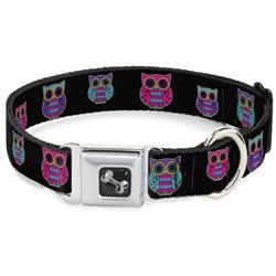 Dog Bone Black/Silver Seatbelt Buckle Collar - Owls Black/Fuchsia/Purple/Turquoise