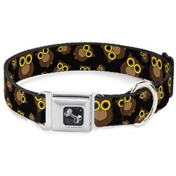 Dog Bone Black/Silver Seatbelt Buckle Collar - Owls Scattered Black/Brown/Yellow