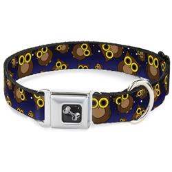 Dog Bone Black/Silver Seatbelt Buckle Collar - Owls Scattered Black/Blue-Fade/Yellow
