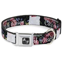 Dog Bone Black/Silver Seatbelt Buckle Collar - Oregon Silhouette/PORTLAND OREGON-CITY OF ROSES Roses/White