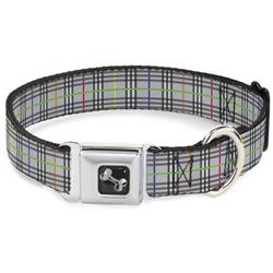 Dog Bone Black/Silver Seatbelt Buckle Collar - Plaid Gray/Multi Neon