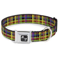 Dog Bone Black/Silver Seatbelt Buckle Collar - Plaid Black/Multi Neon