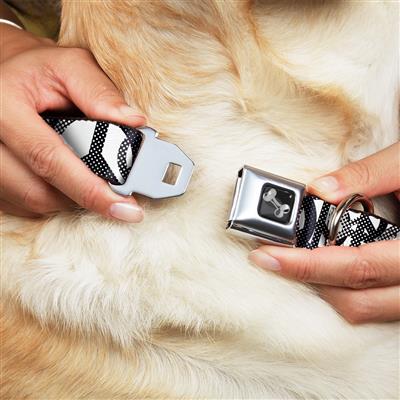 Dog Bone Black/Silver Seatbelt Buckle Collar - Peace Dots White/Black