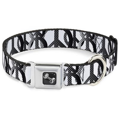 Dog Bone Black/Silver Seatbelt Buckle Collar - Peace Dots White/Black