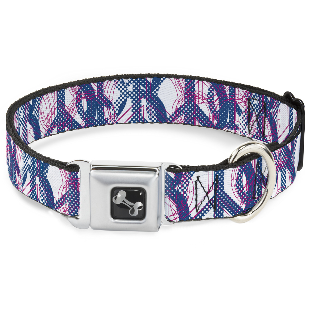 Dog Bone Black/Silver Seatbelt Buckle Collar Peace Mixed White/Blue/Pink