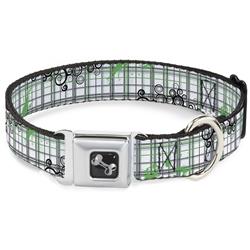 Dog Bone Black/Silver Seatbelt Buckle Collar - Plaid Curls White/Black/Gray/Green