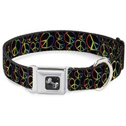 Dog Bone Black/Silver Seatbelt Buckle Collar - Peace Heart Black/Rainbow Ombre