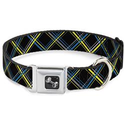 Dog Bone Black/Silver Seatbelt Buckle Collar - Plaid Black/Yellow/Turquoise/Gray