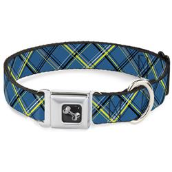 Dog Bone Black/Silver Seatbelt Buckle Collar - Plaid Turquoise/Yellow/Black/Gray