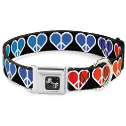 Dog Bone Black/Silver Seatbelt Buckle Collar - Peace Hearts Repeat Fill Black/Rainbow