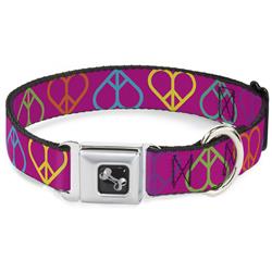 Dog Bone Black/Silver Seatbelt Buckle Collar - Peace Hearts Repeat Fuchsia/Neon