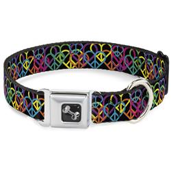 Dog Bone Black/Silver Seatbelt Buckle Collar - Peace Hearts Stacked Black/Neon