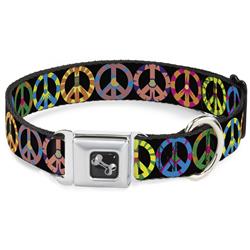 Dog Bone Black/Silver Seatbelt Buckle Collar - Peace Flowers Black/Multi Color
