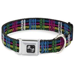 Dog Bone Black/Silver Seatbelt Buckle Collar - Plaid Black/Neon Animal Skins
