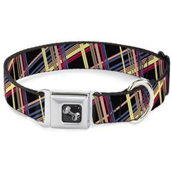 Dog Bone Black/Silver Seatbelt Buckle Collar - Plaid Black/Yellow/Red/Blue/Orange