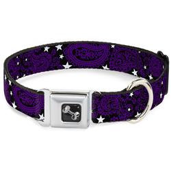 Dog Bone Black/Silver Seatbelt Buckle Collar - Paisley Stars Black/Purple/White