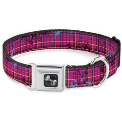 Dog Bone Black/Silver Seatbelt Buckle Collar - Plaid Curls Pink/Black/Yellow/Blue