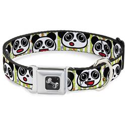 Dog Bone Black/Silver Seatbelt Buckle Collar - Panda Bear Cartoon Bamboo White/Greens/Multi Color