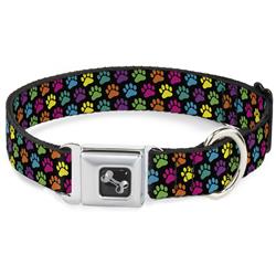 Dog Bone Black/Silver Seatbelt Buckle Collar - Paw Print Black/Multi Color