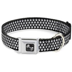 Dog Bone Black/Silver Seatbelt Buckle Collar - Paw Print Black/White