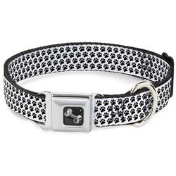 Dog Bone Black/Silver Seatbelt Buckle Collar - Paw Print White/Black