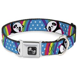 Dog Bone Black/Silver Seatbelt Buckle Collar - Pandas & Rainbows w/Stars