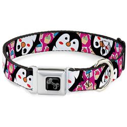 Dog Bone Black/Silver Seatbelt Buckle Collar - Penguins w/Cupcakes Fuchsia/Purple/White