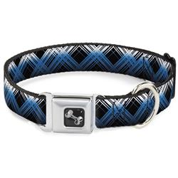 Dog Bone Black/Silver Seatbelt Buckle Collar - Plaid X Gradient Black/White/Blue