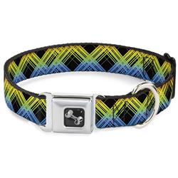 Dog Bone Black/Silver Seatbelt Buckle Collar - Plaid X Gradient Black/Orange/Green/Blue
