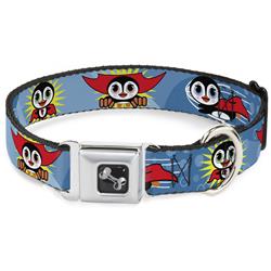 Dog Bone Black/Silver Seatbelt Buckle Collar - Penguin Superhero Blue Bubbles