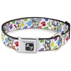 Dog Bone Black/Silver Seatbelt Buckle Collar - Puppies w/Paw Prints White/Multi Color