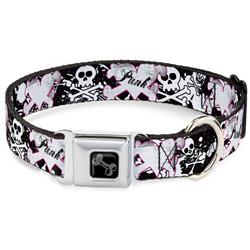 Dog Bone Black/Silver Seatbelt Buckle Collar - Punk Heart & Cross Bones w/Skulls & Splatter Black/White