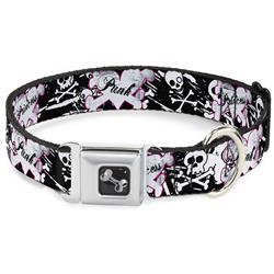 Dog Bone Black/Silver Seatbelt Buckle Collar - Punk Princess Heart & Cross Bones w/Skulls & Splatter Black/White
