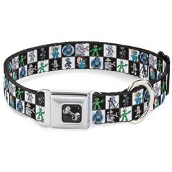 Dog Bone Black/Silver Seatbelt Buckle Collar - Robot Checkers Black/White