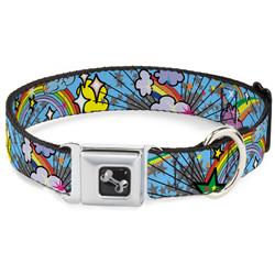 Dog Bone Black/Silver Seatbelt Buckle Collar - Rainbow Cloud Stars Baby Blue