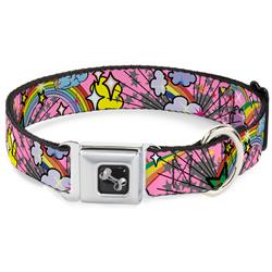 Dog Bone Black/Silver Seatbelt Buckle Collar - Rainbow Cloud Stars Pink