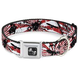 Dog Bone Black/Silver Seatbelt Buckle Collar - Rising Sun White/Red