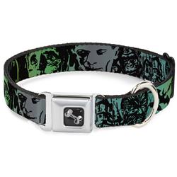 Dog Bone Black/Silver Seatbelt Buckle Collar - Retro Monster Aqua/Black