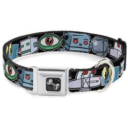 Dog Bone Black/Silver Seatbelt Buckle Collar - Robots CLOSE-UP Black