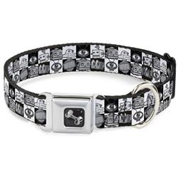 Dog Bone Black/Silver Seatbelt Buckle Collar - Robot Heads Checkers Black/White