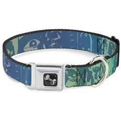 Dog Bone Black/Silver Seatbelt Buckle Collar - Retro Monster Aqua