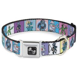Dog Bone Black/Silver Seatbelt Buckle Collar - Robots Pastel Blocks