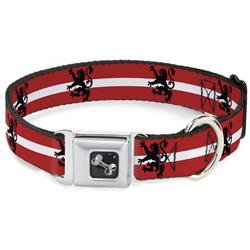 Dog Bone Black/Silver Seatbelt Buckle Collar - Rampant Lion Repeat/Stripes Red/White/Black