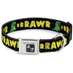 Dog Bone Black/Silver Seatbelt Buckle Collar - RRRAWR Dinosaur Black/Green/Yellow