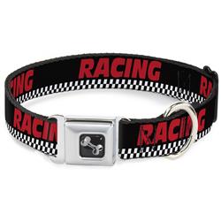 Dog Bone Black/Silver Seatbelt Buckle Collar - RACING w/Checker Black/White/Red