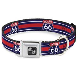 Dog Bone Black/Silver Seatbelt Buckle Collar - ROUTE 66 Highway Sign/Stripe Blue/White/Red