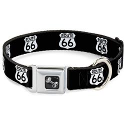 Dog Bone Black/Silver Seatbelt Buckle Collar - ROUTE 66 Highway Sign Repeat Black/White